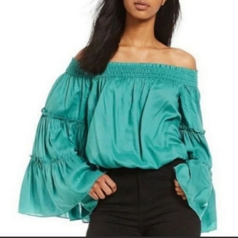 Free People Off the Shoulder Bell Sleeve Turquoise Green Teal Top Shirt